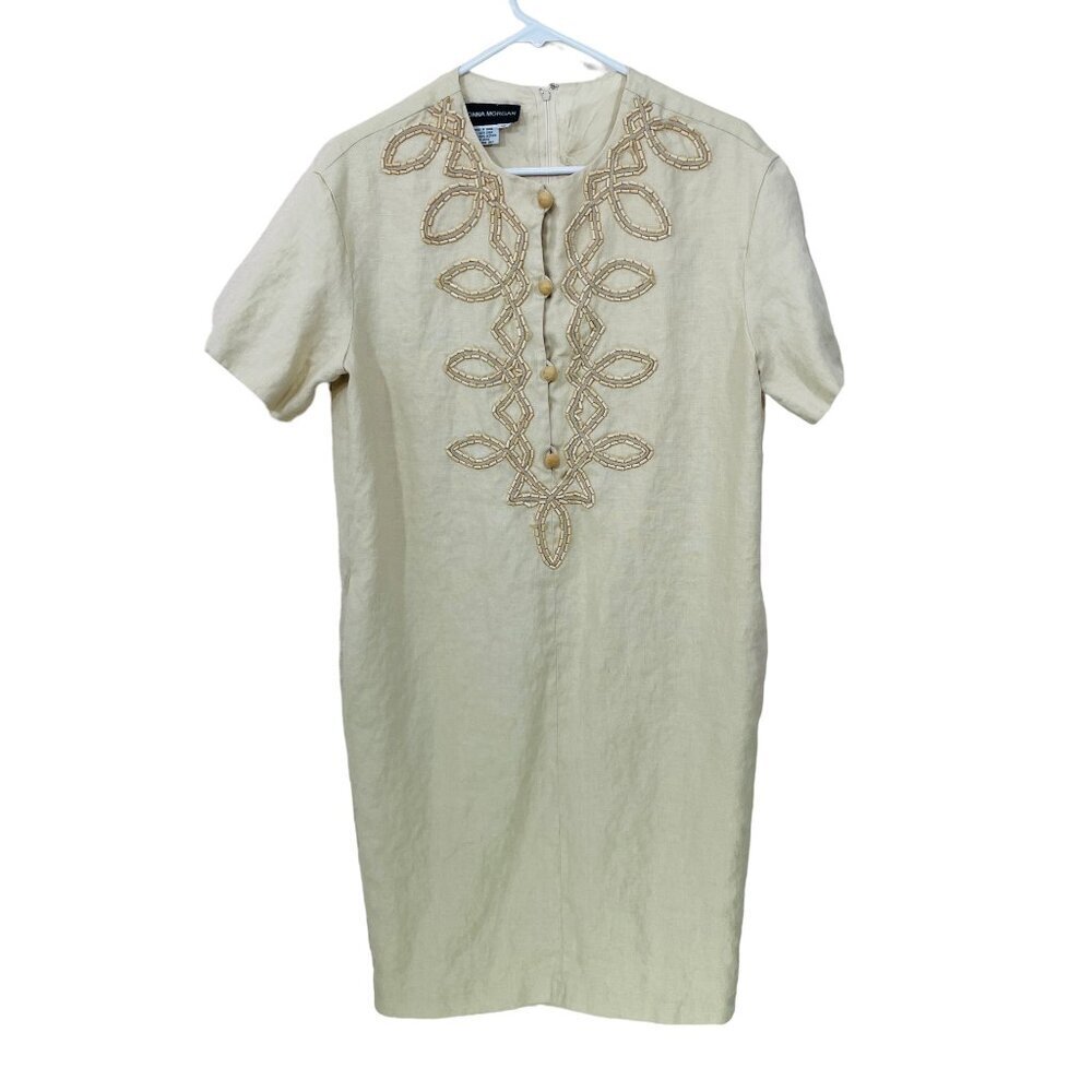 Vtg Donna Morgan Size 10 Tan 100% Linen Dress Side Pockets Lined Embellished‎